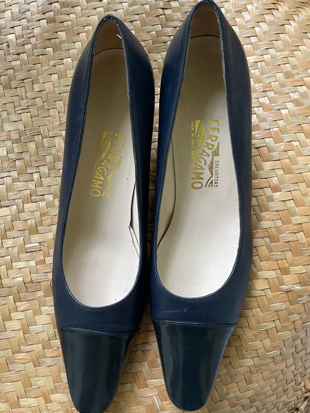 Salvatore Ferragamo navy heels 9.5 AA pristine condition . Made in Italy